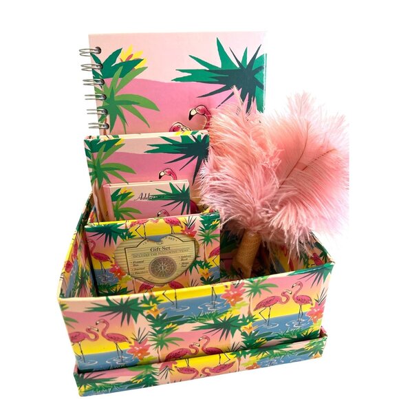 Desk Set Storage Box Photo Notebook Journal Duster Pink Flamingo Tropical Beach - Picture 1 of 14
